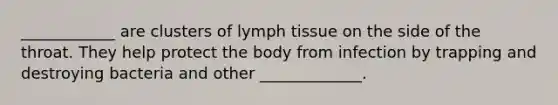 ____________ are clusters of lymph tissue on the side of the throat. They help protect the body from infection by trapping and destroying bacteria and other _____________.