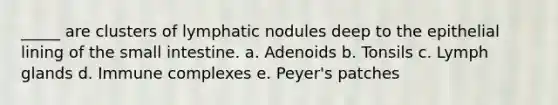 _____ are clusters of lymphatic nodules deep to the epithelial lining of <a href='https://www.questionai.com/knowledge/kt623fh5xn-the-small-intestine' class='anchor-knowledge'>the small intestine</a>. a. Adenoids b. Tonsils c. Lymph glands d. Immune complexes e. Peyer's patches