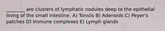 ________ are clusters of lymphatic nodules deep to the epithelial lining of <a href='https://www.questionai.com/knowledge/kt623fh5xn-the-small-intestine' class='anchor-knowledge'>the small intestine</a>. A) Tonsils B) Adenoids C) Peyer's patches D) Immune complexes E) Lymph glands