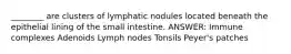 ________ are clusters of lymphatic nodules located beneath the epithelial lining of the small intestine. ANSWER: Immune complexes Adenoids Lymph nodes Tonsils Peyer's patches