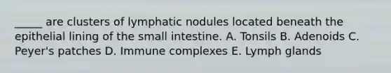 _____ are clusters of lymphatic nodules located beneath the epithelial lining of the small intestine. A. Tonsils B. Adenoids C. Peyer's patches D. Immune complexes E. Lymph glands