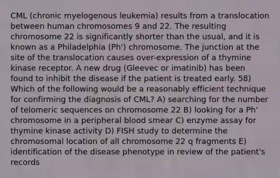 CML (chronic myelogenous leukemia) results from a translocation between human chromosomes 9 and 22. The resulting chromosome 22 is significantly shorter than the usual, and it is known as a Philadelphia (Ph') chromosome. The junction at the site of the translocation causes over-expression of a thymine kinase receptor. A new drug (Gleevec or imatinib) has been found to inhibit the disease if the patient is treated early. 58) Which of the following would be a reasonably efficient technique for confirming the diagnosis of CML? A) searching for the number of telomeric sequences on chromosome 22 B) looking for a Ph' chromosome in a peripheral blood smear C) enzyme assay for thymine kinase activity D) FISH study to determine the chromosomal location of all chromosome 22 q fragments E) identification of the disease phenotype in review of the patient's records