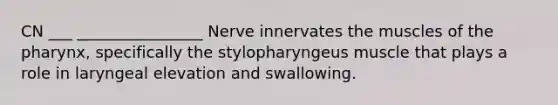 CN ___ ________________ Nerve innervates the muscles of the pharynx, specifically the stylopharyngeus muscle that plays a role in laryngeal elevation and swallowing.