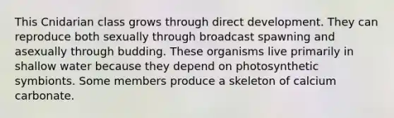 This Cnidarian class grows through direct development. They can reproduce both sexually through broadcast spawning and asexually through budding. These organisms live primarily in shallow water because they depend on photosynthetic symbionts. Some members produce a skeleton of calcium carbonate.