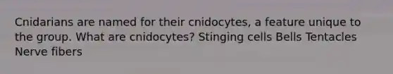 Cnidarians are named for their cnidocytes, a feature unique to the group. What are cnidocytes? Stinging cells Bells Tentacles Nerve fibers