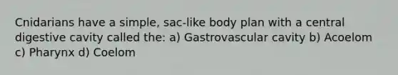 Cnidarians have a simple, sac-like body plan with a central digestive cavity called the: a) Gastrovascular cavity b) Acoelom c) Pharynx d) Coelom