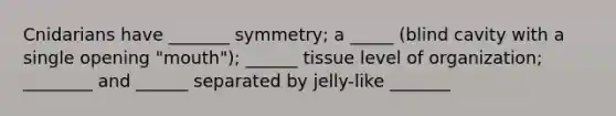 Cnidarians have _______ symmetry; a _____ (blind cavity with a single opening "mouth"); ______ tissue level of organization; ________ and ______ separated by jelly-like _______