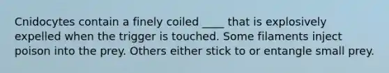 Cnidocytes contain a finely coiled ____ that is explosively expelled when the trigger is touched. Some filaments inject poison into the prey. Others either stick to or entangle small prey.