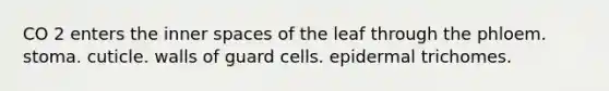 CO 2 enters the inner spaces of the leaf through the phloem. stoma. cuticle. walls of guard cells. epidermal trichomes.