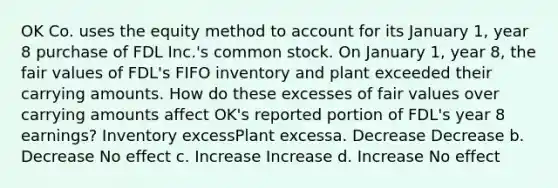 OK Co. uses the equity method to account for its January 1, year 8 purchase of FDL Inc.'s common stock. On January 1, year 8, the fair values of FDL's FIFO inventory and plant exceeded their carrying amounts. How do these excesses of fair values over carrying amounts affect OK's reported portion of FDL's year 8 earnings? Inventory excessPlant excessa. Decrease Decrease b. Decrease No effect c. Increase Increase d. Increase No effect