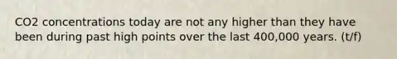 CO2 concentrations today are not any higher than they have been during past high points over the last 400,000 years. (t/f)