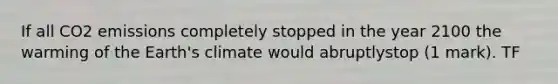 If all CO2 emissions completely stopped in the year 2100 the warming of the Earth's climate would abruptlystop (1 mark). TF