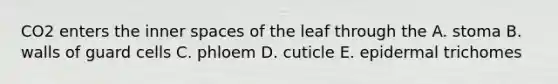 CO2 enters the inner spaces of the leaf through the A. stoma B. walls of guard cells C. phloem D. cuticle E. epidermal trichomes