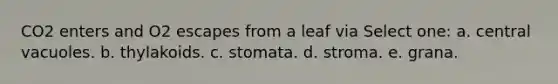 CO2 enters and O2 escapes from a leaf via Select one: a. central vacuoles. b. thylakoids. c. stomata. d. stroma. e. grana.