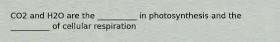 CO2 and H2O are the __________ in photosynthesis and the __________ of <a href='https://www.questionai.com/knowledge/k1IqNYBAJw-cellular-respiration' class='anchor-knowledge'>cellular respiration</a>