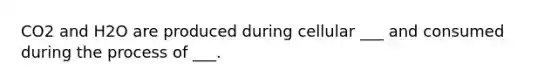 CO2 and H2O are produced during cellular ___ and consumed during the process of ___.