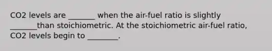 CO2 levels are _______ when the air-fuel ratio is slightly _______than stoichiometric. At the stoichiometric air-fuel ratio, CO2 levels begin to ________.