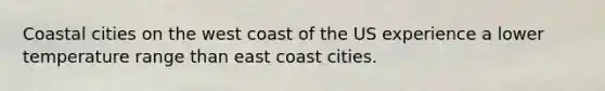 Coastal cities on the west coast of the US experience a lower temperature range than east coast cities.