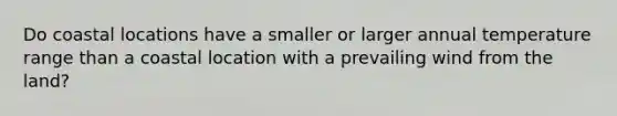 Do coastal locations have a smaller or larger annual temperature range than a coastal location with a prevailing wind from the land?