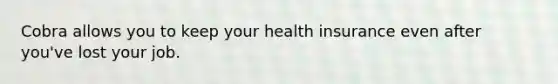 Cobra allows you to keep your health insurance even after you've lost your job.