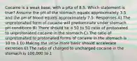 Cocaine is a weak base, with a pKa of 8.5. Which statement is true? Assume the pH of the stomach equals approximately 3.5 and the pH of blood equals approximately 7.5. Responses A) The unprotonated form of cocaine will predominate under stomach pH conditions B) There should be a 50 to 50 ratio of protonated to unprotonated cocaine in the stomach C) The ratio of unprotonated to protonated forms of cocaine in the stomach is 10 to 1 D) Making the urine more basic should accelerate excretion E) The ratio of charged to uncharged cocaine in the stomach is 100,000 to 1