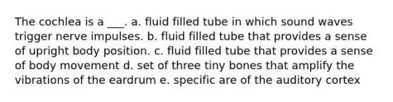 The cochlea is a ___. a. fluid filled tube in which sound waves trigger nerve impulses. b. fluid filled tube that provides a sense of upright body position. c. fluid filled tube that provides a sense of body movement d. set of three tiny bones that amplify the vibrations of the eardrum e. specific are of the auditory cortex