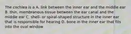 The cochlea is a A. link between the inner ear and the middle ear B. thin, membranous tissue between the ear canal and the middle ear C. shell- or spiral-shaped structure in the inner ear that is responsible for hearing D. bone in the inner ear that fits into the oval window