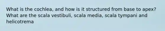 What is the cochlea, and how is it structured from base to apex? What are the scala vestibuli, scala media, scala tympani and helicotrema