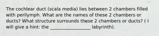 The cochlear duct (scala media) lies between 2 chambers filled with perilymph. What are the names of these 2 chambers or ducts? What structure surrounds these 2 chambers or ducts? ( I will give a hint: the __________________ labyrinth).