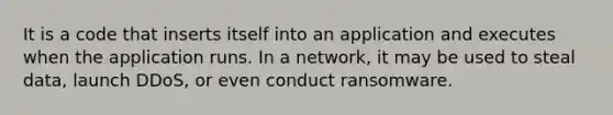 It is a code that inserts itself into an application and executes when the application runs. In a network, it may be used to steal data, launch DDoS, or even conduct ransomware.