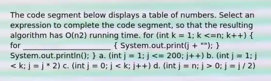 The code segment below displays a table of numbers. Select an expression to complete the code segment, so that the resulting algorithm has O(n2) running time. for (int k = 1; k 0; j = j / 2)