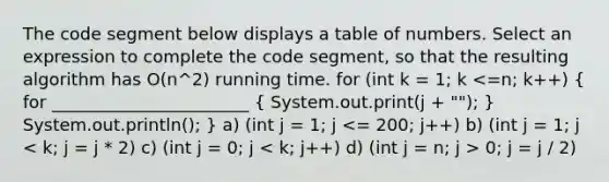 The code segment below displays a table of numbers. Select an expression to complete the code segment, so that the resulting algorithm has O(n^2) running time. for (int k = 1; k 0; j = j / 2)