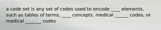 a code set is any set of codes used to encode ____ elements, such as tables of terms, ____ concepts, medical ______ codes, or medical _______ codes