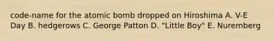 code-name for the atomic bomb dropped on Hiroshima A. V-E Day B. hedgerows C. George Patton D. "Little Boy" E. Nuremberg