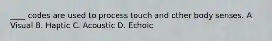 ____ codes are used to process touch and other body senses. A. Visual B. Haptic C. Acoustic D. Echoic