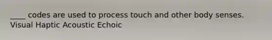 ____ codes are used to process touch and other body senses. Visual Haptic Acoustic Echoic