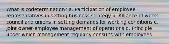 What is codetermination? a. Participation of employee representatives in setting business strategy b. Alliance of works council and unions in setting demands for working conditions c. Joint owner-employee management of operations d. Principle under which management regularly consults with employees