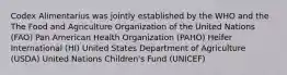 Codex Alimentarius was jointly established by the WHO and the The Food and Agriculture Organization of the United Nations (FAO) Pan American Health Organization (PAHO) Heifer International (HI) United States Department of Agriculture (USDA) United Nations Children's Fund (UNICEF)