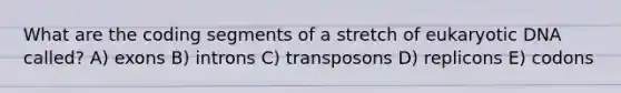 What are the coding segments of a stretch of eukaryotic DNA called? A) exons B) introns C) transposons D) replicons E) codons