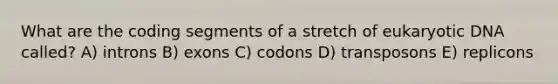 What are the coding segments of a stretch of eukaryotic DNA called? A) introns B) exons C) codons D) transposons E) replicons