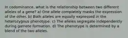 In codominance, what is the relationship between two different alleles of a gene? a) One allele completely masks the expression of the other. b) Both alleles are equally expressed in the heterozygous phenotype. c) The alleles segregate independently during gamete formation. d) The phenotype is determined by a blend of the two alleles.