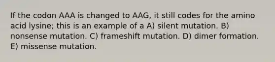 If the codon AAA is changed to AAG, it still codes for the amino acid lysine; this is an example of a A) silent mutation. B) nonsense mutation. C) frameshift mutation. D) dimer formation. E) missense mutation.