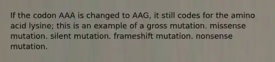 If the codon AAA is changed to AAG, it still codes for the amino acid lysine; this is an example of a gross mutation. missense mutation. silent mutation. frameshift mutation. nonsense mutation.