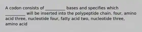 A codon consists of __________ bases and specifies which __________ will be inserted into the polypeptide chain. four, amino acid three, nucleotide four, fatty acid two, nucleotide three, amino acid