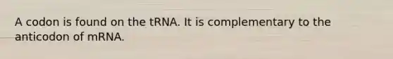 A codon is found on the tRNA. It is complementary to the anticodon of mRNA.