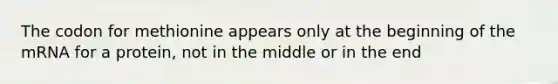 The codon for methionine appears only at the beginning of the mRNA for a protein, not in the middle or in the end