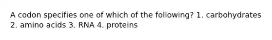 A codon specifies one of which of the following? 1. carbohydrates 2. amino acids 3. RNA 4. proteins