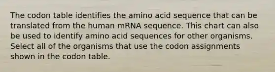 The codon table identifies the amino acid sequence that can be translated from the human mRNA sequence. This chart can also be used to identify amino acid sequences for other organisms. Select all of the organisms that use the codon assignments shown in the codon table.