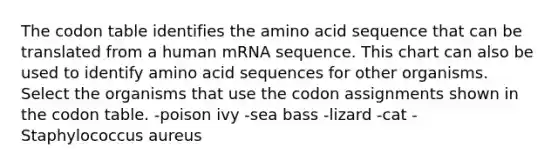 The codon table identifies the amino acid sequence that can be translated from a human mRNA sequence. This chart can also be used to identify amino acid sequences for other organisms. Select the organisms that use the codon assignments shown in the codon table. -poison ivy -sea bass -lizard -cat -Staphylococcus aureus