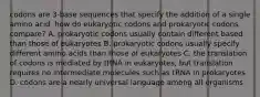 codons are 3-base sequences that specify the addition of a single amino acid. how do eukaryotic codons and prokaryotic codons compare? A. prokaryotic codons usually contain different based than those of eukaryotes B. prokaryotic codons usually specify different amino acids than those of eukaryotes C. the translation of codons is mediated by tRNA in eukaryotes, but translation requires no intermediate molecules such as tRNA in prokaryotes D. codons are a nearly universal language among all organisms